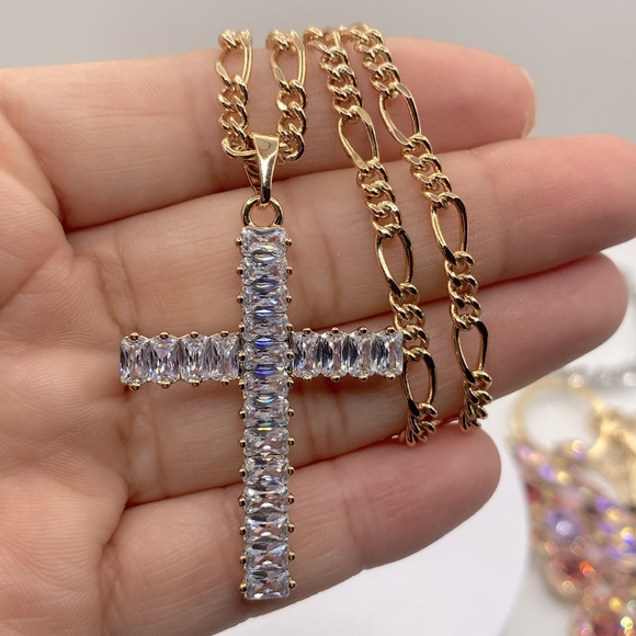 Gold Plated Jewelry - 18K Gold Plated Zircon Cross Necklace